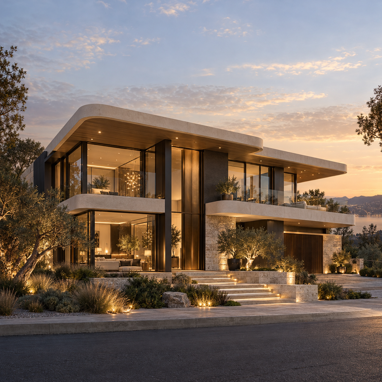 AI-generated concept of a futuristic two-story home with curved ivory rooflines, full-height glass and warm evening lighting