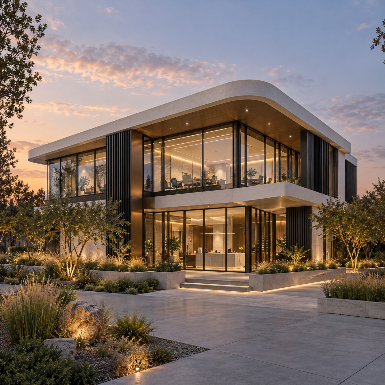 Futuristic small office design concept with curved ivory rooflines, glazed workspaces and landscaped entry