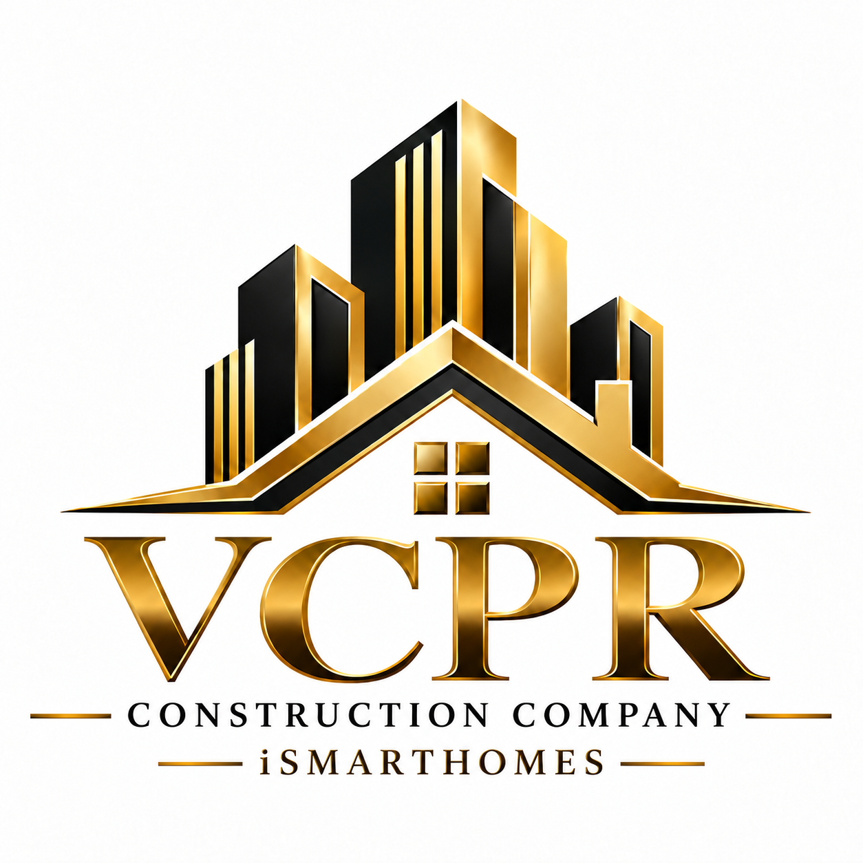 VCPR Construction Company black and gold skyline and roof logo, iSMARTHOMES